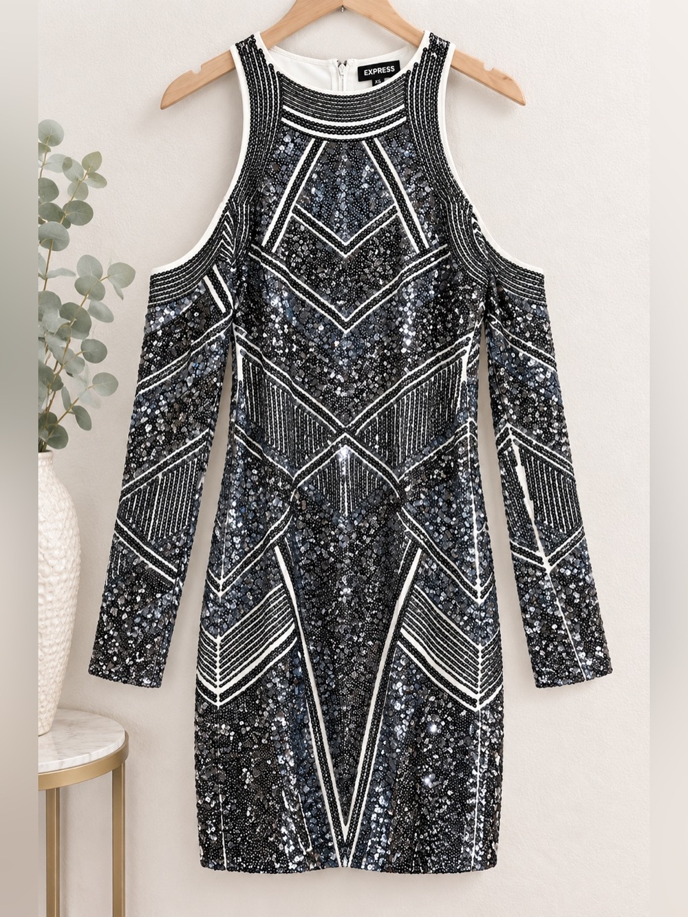 Express XS Black Silver Sequin Cold Shoulder Bodycon Mini Dress